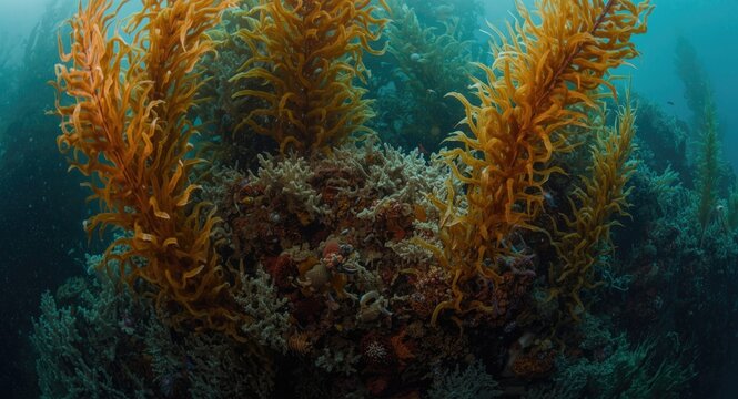 Natural marine environment showing kelp holdfast with sea life
