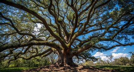 tree seen from below with wide spreading shaded branch network