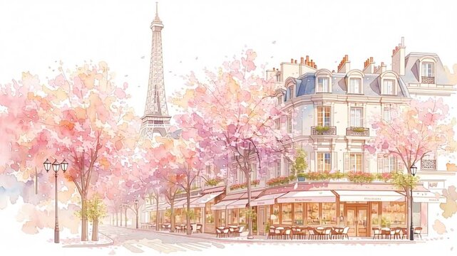 Cherry blossom trees line the street with a view of the Eiffel Tower in Paris during springtime