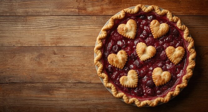 Cherry pie decorated with hearts set on wooden background with visible copy space