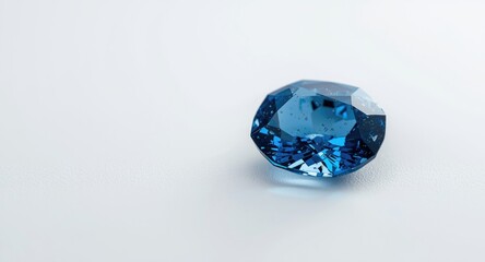 A detailed blue gemstone presented on a flat white surface