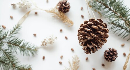 Pine cone ornamentation designed for winter holidays presented on pure white