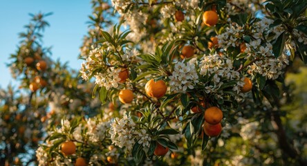 Orange tree blossoming with fresh juicy oranges