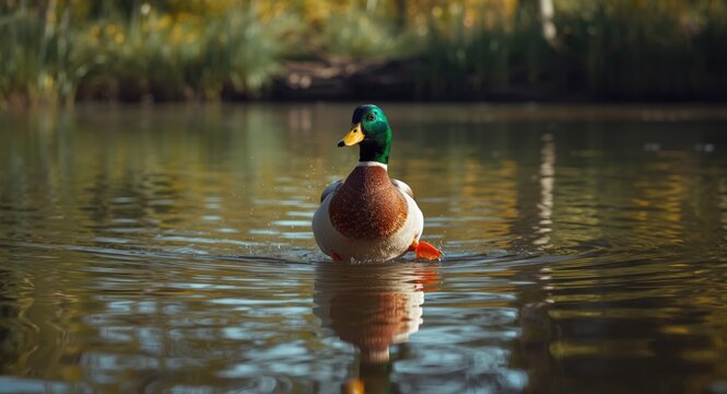 A joyful pet duck featuring a fresh green head and bright orange chest playfully moving on calm pond