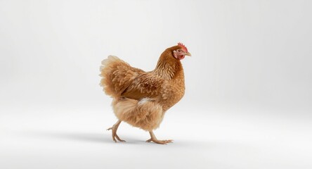 Single brown chicken moving across a minimalist white studio backdrop with diffused light