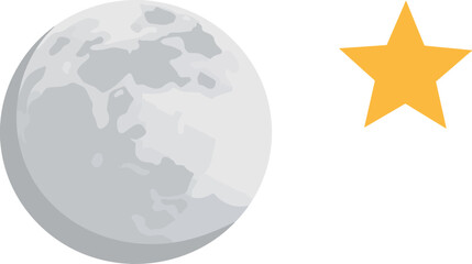 A full moon and a golden five-pointed star on a white background. Simple illustration