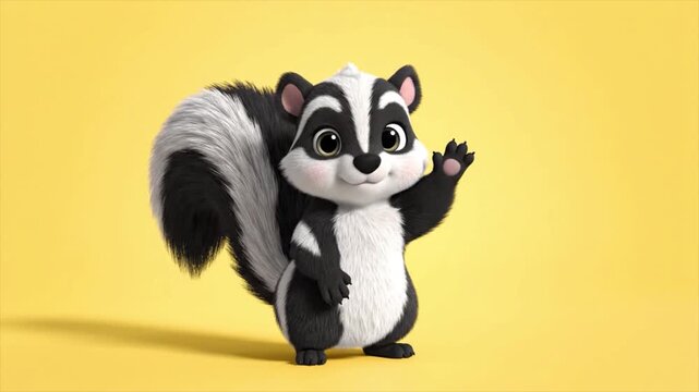 A cartoon skunk with a fluffy tail standing and waving on a yellow background, viewed from the front