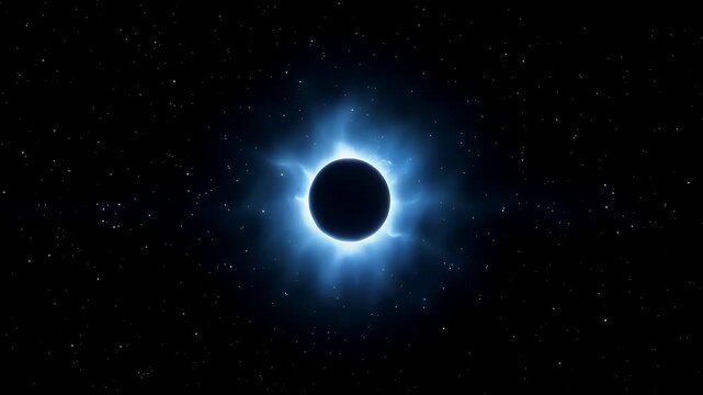 Solar eclipse in deep space with glowing corona and star filled night sky background