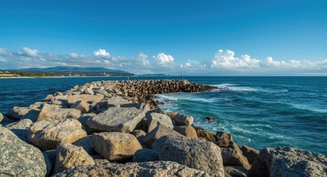 Rocky breakwater structure protecting the shoreline