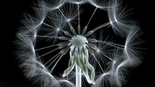 An X-ray flower dandelion releases its glowing seeds into the dark, highlighting its delicate structure and botanical transparency.