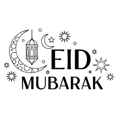 Elegant Eid Mubarak Calligraphy Vector with Crescent Moon and Islamic Lantern Line Art Illustration