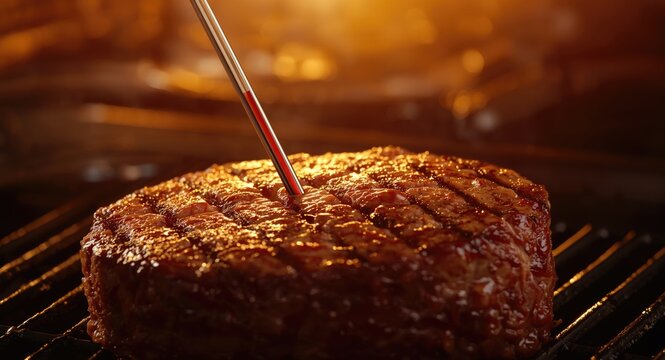 Thermometer inserted in grilled beef eye of round resting to ensure ideal cooking temperature