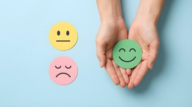 Hands holding green happy face emoji, customer satisfaction concept