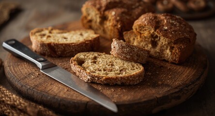 Fototapeta premium Traditional Irish soda bread pieces arranged on wooden board with slicing knife