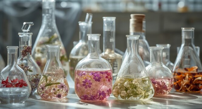 Scientific method for extracting organic plant essences in lab glass containers with floral scent solution