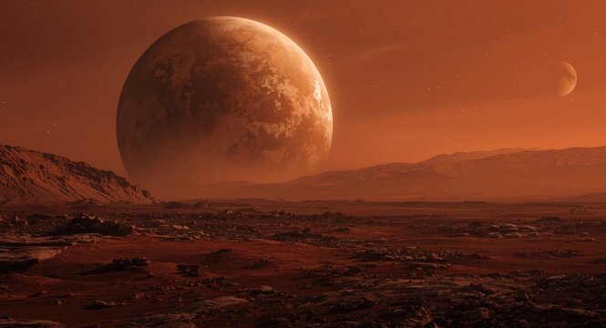Rust tinted planet Mars with dusty surface and airborne dust haze
