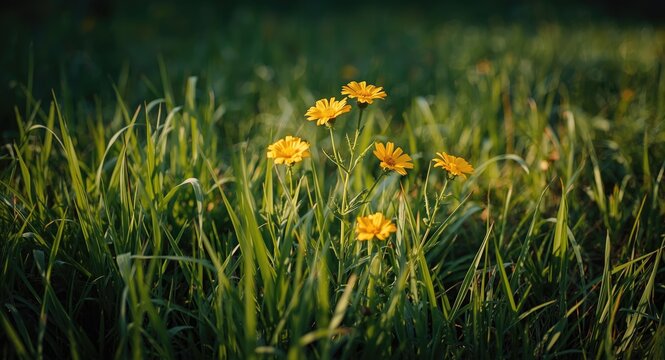 Thriving pet immortelle flowers standing out dynamically in a dense green lawn summer day