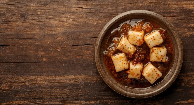 Indonesian tahu sumedang served with aromatic sauce on rustic wood surface with copy space area