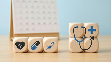 Healthcare concept with medical icons on wooden blocks and calendar