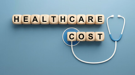 Fototapeta premium Healthcare Cost: Stethoscope and Wooden Blocks Spelling Out Medical Expenses