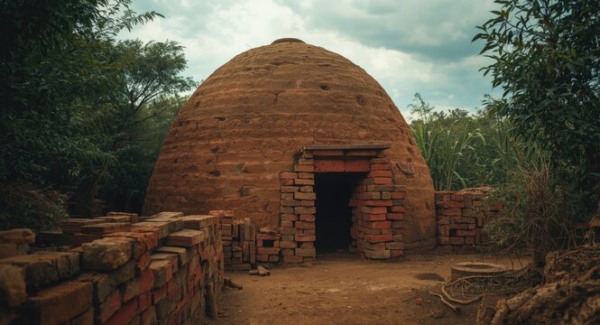 Handmade mud brick kiln in rural zone featuring authentic natural materials