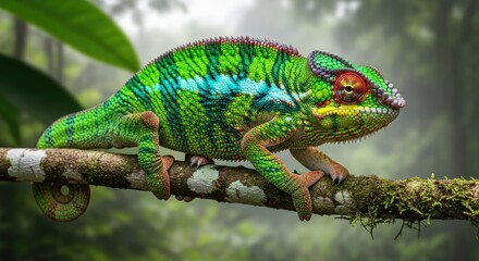 Obraz premium A vibrant chameleon rests on a branch amidst a misty rainforest. The reptile displays its remarkable camouflage, blending seamlessly with the surrounding foliage.