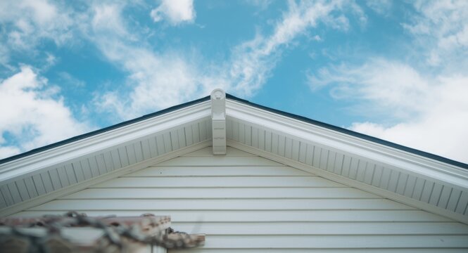 White fascia and soffit on a vinyl sided gable roof highlighted with corbel and bracket details set against sky scene