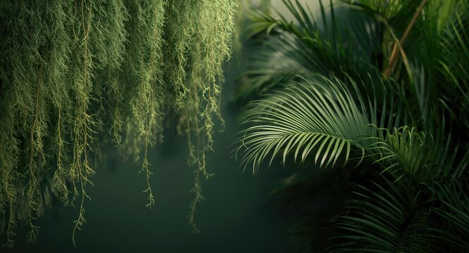 Verdant tropical wallpaper with trailing epiphytes and palm tree outlines
