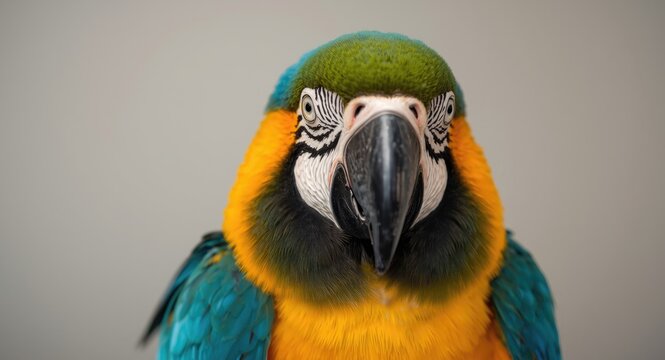 Bright blue and yellow macaw parrot close up showing expressive eyes and plumage