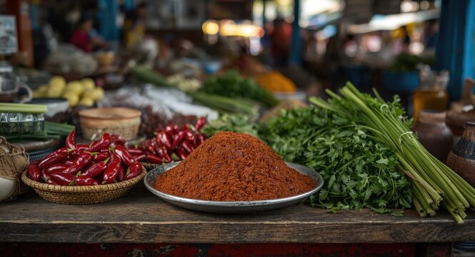 Indonesian shrimp paste terasi featured with an array of fresh spices in a vibrant marketplace setting