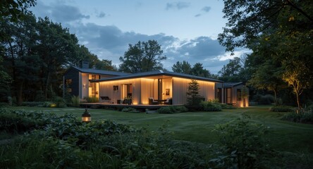 Obraz premium Modern home featuring advanced thermal insulation technology in serene countryside at evening
