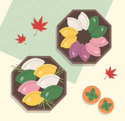 Fototapeta premium Korean traditional rice cake Songpyeon and persimmons on a tray