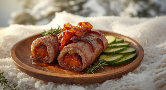 Flavorful beef roulades filled with plum and bacon served next to fresh cucumber in a winter landscape