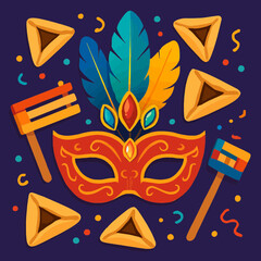 Flat vector composition of carnival mask with feathers and jewels, surrounded by groggers and hamantaschen, festive Purim atmosphere