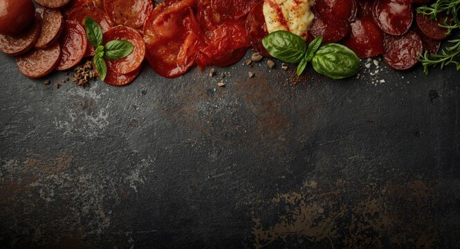 Top shot of pizza toppings with Italian herbs and spices on dark background