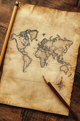 Exploration journey vintage world map historic setting document rustic environment overhead view adventure concept