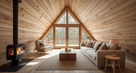 Fototapeta premium Scandinavian timber home for vacation with bright living area, wood fireplace, and triangular window view