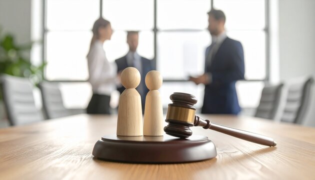 Family Wooden Figures with Judge Gavel in Courtroom Family Law and Custody Concept