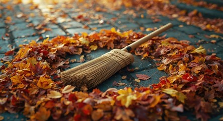 Obraz premium A tranquil outdoor area with a broom on paved stones encircled by autumn leaves symbolizing cleanliness efforts