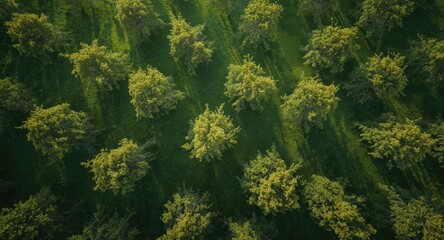 Fototapeta premium Elevated aerial view of dense green turf with spaced trees casting defined shadows great for environmental themed artworks including copy space