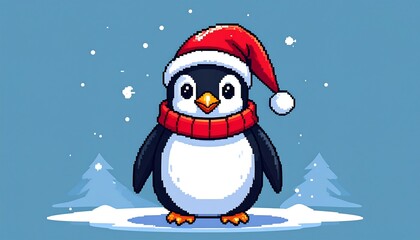 A cute, cartoonish bird wears a festive red hat and scarf on snowy ground with a light blue background