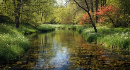 Fototapeta premium Soothing spring forest environment with lush foliage and a tender river gently filling a tranquil pond edged by colorful wild blossoms
