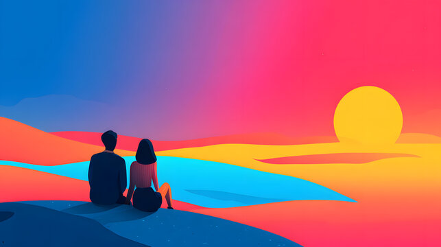 Cartoon vector illustration of a couple sitting side by side watching the sunset.