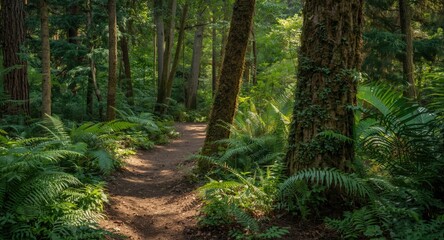 Obraz premium Quiet forest path twisting among lush trees and rich greenery with vibrant plants all around