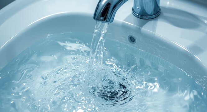 Steady stream of water from faucet splashing into sink with soothing water sounds