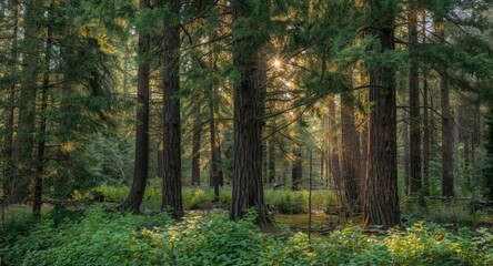 Peaceful woodland scene with towering trees and gentle sunlight shining through dense green leaves