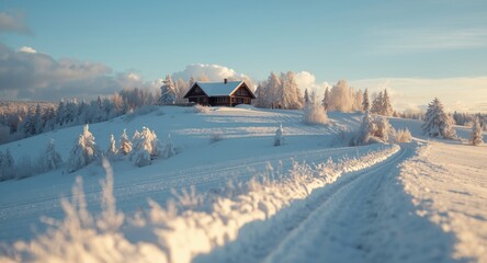 Rural winter tranquility captured with a sunny hilltop house and fresh snow