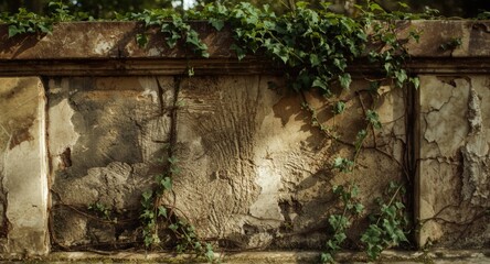 Naklejka premium Stone wall aged by time with emerald ivy and deteriorated marble border inside