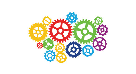 Colorful arrangement of interlocking gears against a white background