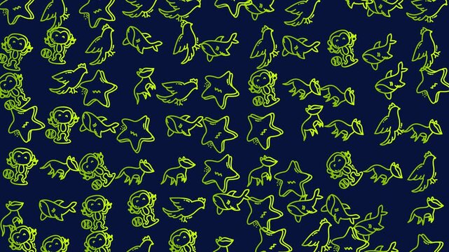 Doodle animal seamless pattern cartoon monkey bird shark suitable for children's backgrounds, web design, fabric prints, and decorative elements.